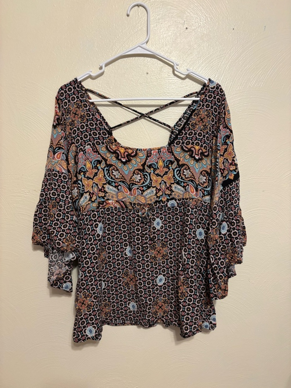 Boho Paisley Peasant Top XL Haute Project Crisscross Back Festival Blouse